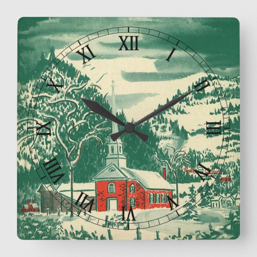 Weihnachtskirche, Schnee im Winter Quadratische Wanduhr (Vorderseite)