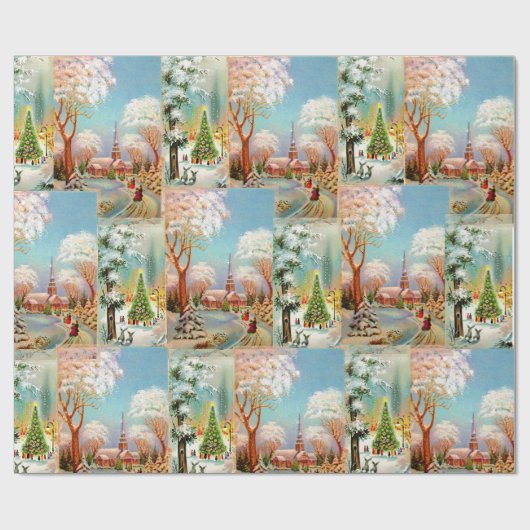 Weihnachtskirche Schneeszenen Shabby Chic Geschenkpapier (Flach)