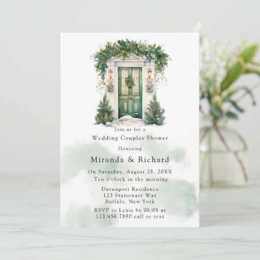 Weihnachtskirchentür Winter Hochzeitscouchdusche Einladung (Stehend Vorderseite)