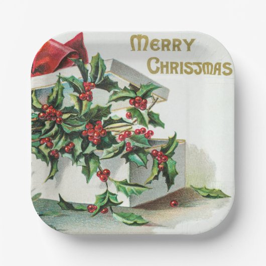 Weihnachtskirsche Vintage Kunst mit Wünschen Pappteller (Vorderseite)