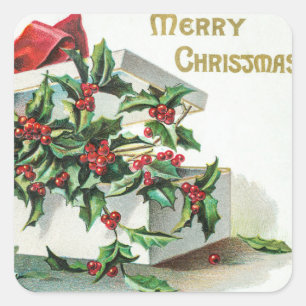 Weihnachtskirsche Vintage Kunst mit Wünschen Quadratischer Aufkleber