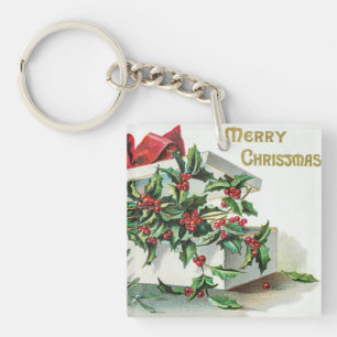 Weihnachtskirsche Vintage Kunst mit Wünschen Schlüsselanhänger