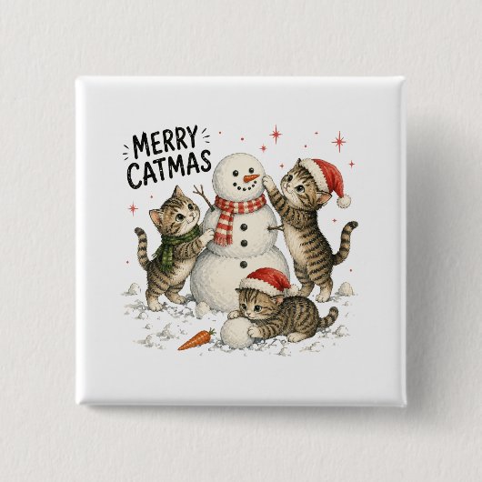 Weihnachtskitten bauen Schneemann Button (Vorderseite)