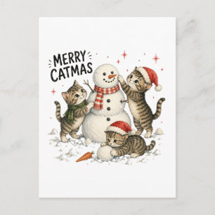 Weihnachtskitten bauen Schneemann Postkarte