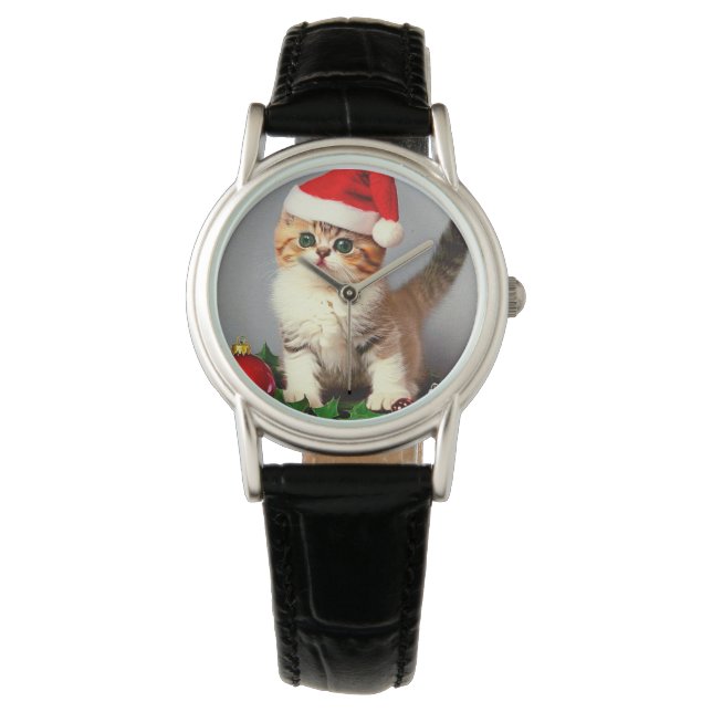 Weihnachtskitten in Weihnachtsmannmütze Armbanduhr (Vorderseite)