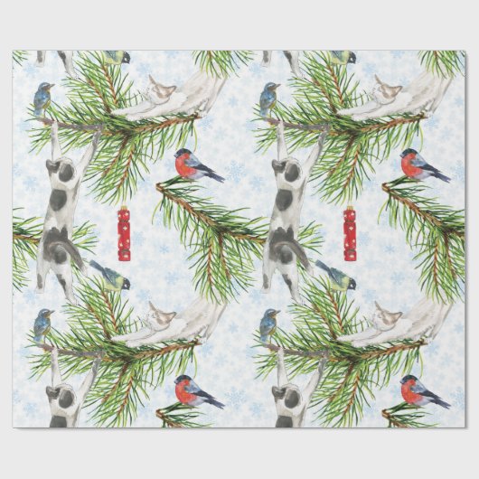 Weihnachtskitten mit Vögeln Geschenkpapier (Flach)