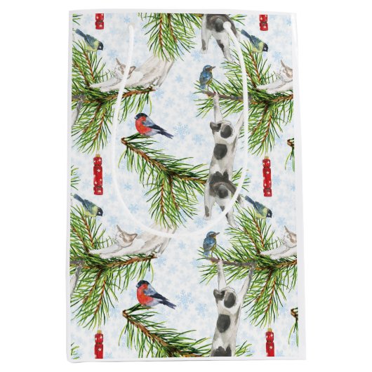 Weihnachtskitten mit Vögeln Mittlere Geschenktüte (Vorderseite)