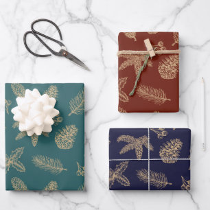 Weihnachtsklassiker goldener Kiefer & botanisches Geschenkpapier Set