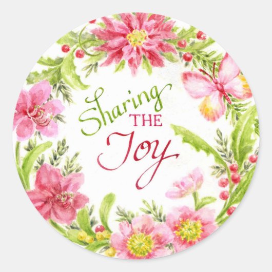 Weihnachtskleber Blumenreath Sharing Joy Runder Aufkleber (Vorderseite)