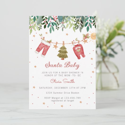 Weihnachtskleidung Weihnachtsgeschenk Baby Dusche Einladung (Stehend Vorderseite)