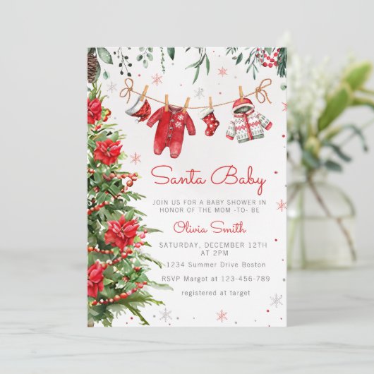 Weihnachtskleidung Weihnachtsgeschenk Baby Dusche Einladung (Stehend Vorderseite)