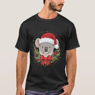 Weihnachtskoala-Santa-Hut-Kranz roter Bogen T-Shirt
