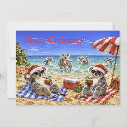 Weihnachtskoalas am Strand Feiertagskarte (Vorderseite)