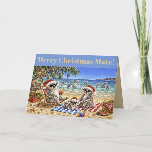 Weihnachtskoalas am Strand Feiertagskarte (Vorderseite)