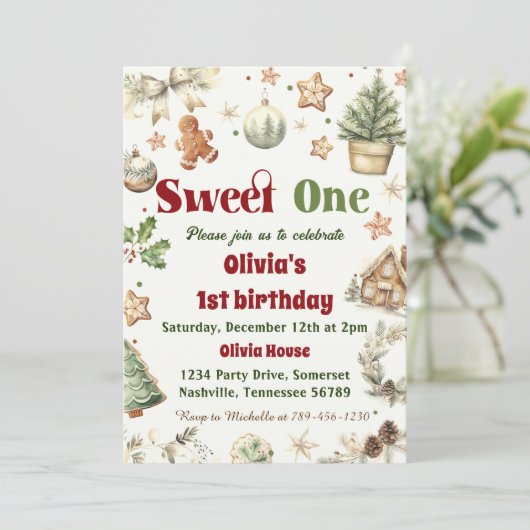 Weihnachtskochen Süß 1. Geburtstag Party Einladung (Stehend Vorderseite)