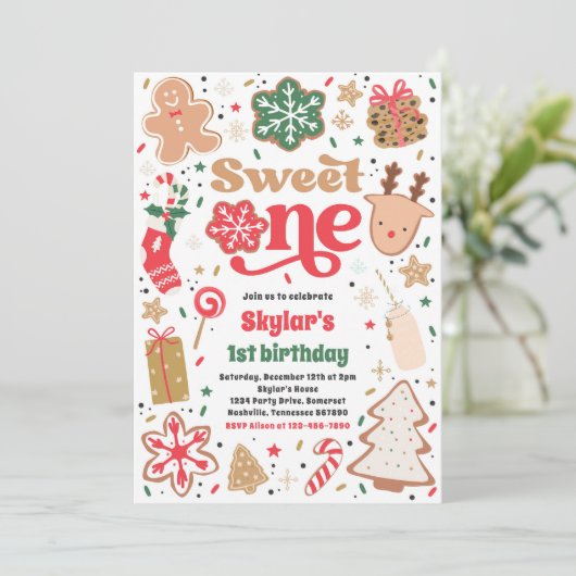 Weihnachtskochen Süß 1. Geburtstag Party Einladung (Stehend Vorderseite)