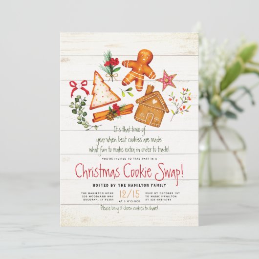 Weihnachtskochtausch Lebkuchen & Rustikales Holz Einladung (Stehend Vorderseite)