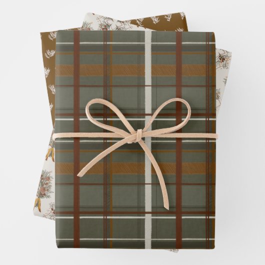 Weihnachtskollektion | Grün Kariert, Blüten, Zeder Geschenkpapier Set (Beispiel)