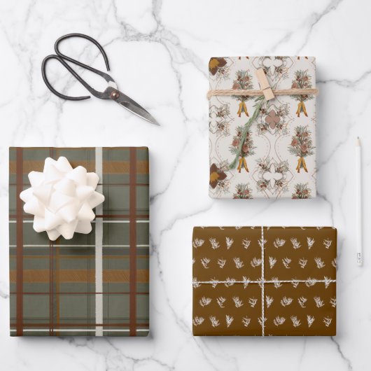 Weihnachtskollektion | Grün Kariert, Blüten, Zeder Geschenkpapier Set (Vorderseite)