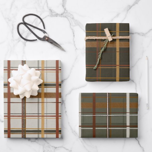 Weihnachtskollektion | Plaid Green, Creme, Tan Geschenkpapier Set (Vorderseite)