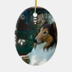 Weihnachtskollie am Fenster Keramikornament