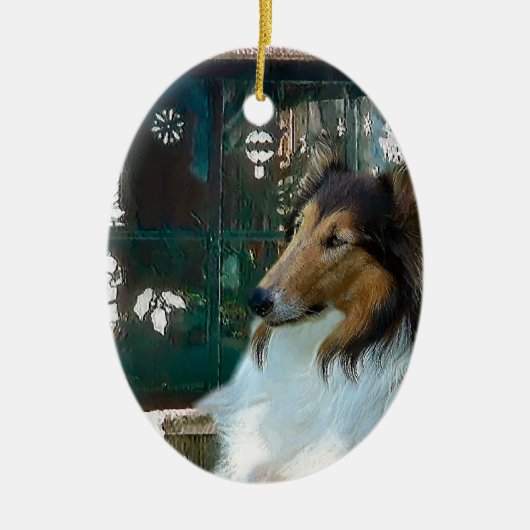 Weihnachtskollie am Fenster Keramikornament (Vorne)