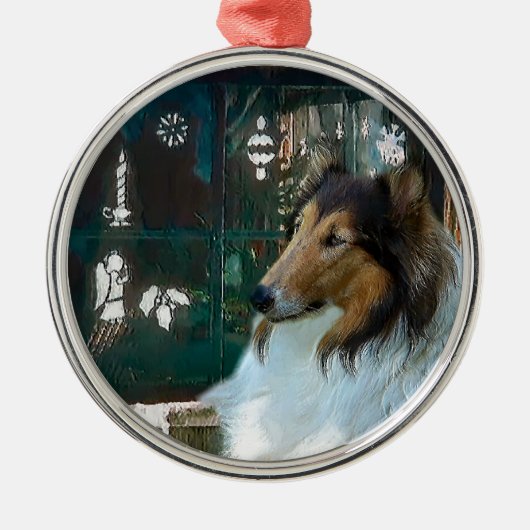 Weihnachtskollie am Fenster Silbernes Ornament (Vorne)