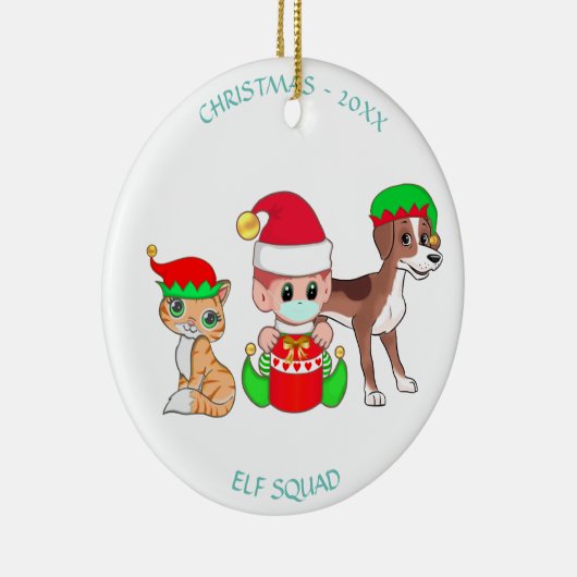 Weihnachtskommando, Elf, Katze & Hund Keramik Ornament (Rechts)