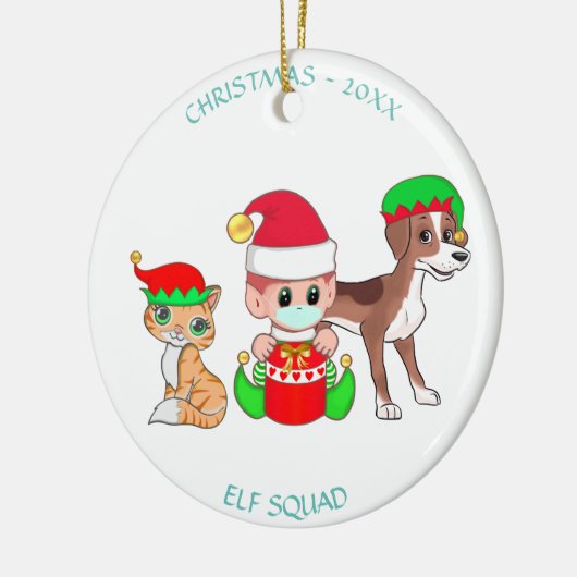 Weihnachtskommando, Elf, Katze & Hund Keramik Ornament (Links)