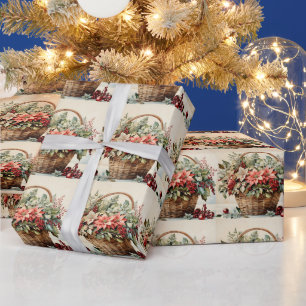 Weihnachtskorb mit Poinsettia-Blume, Beeren Geschenkpapier