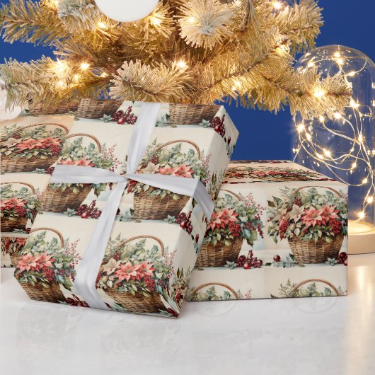 Weihnachtskorb mit Poinsettia-Blume, Beeren Geschenkpapier (Feiertage)