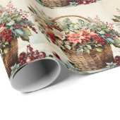 Weihnachtskorb mit Poinsettia-Blume, Beeren Geschenkpapier (Rolleneckpunkt)