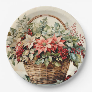 Weihnachtskorb mit Poinsettia-Blume, Beeren Pappteller