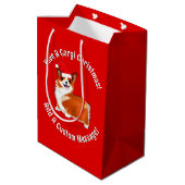 Weihnachtskorgi Hund mit Weihnachtsmannmütze Mittlere Geschenktüte (Rückseite Schrägansicht)