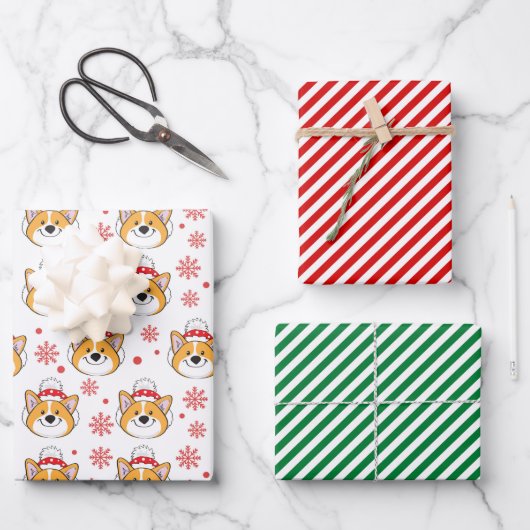 Weihnachtskorgi Hund und Streifen Geschenkpapier Set (Vorderseite)