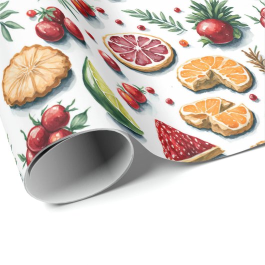 Weihnachtskost Früchte Aquarellbilder Geschenkpapier (Rolleneckpunkt)