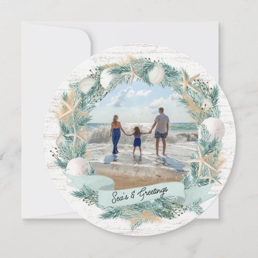 Weihnachtskranz am Strand mit Foto Feiertagskarte (Vorderseite)