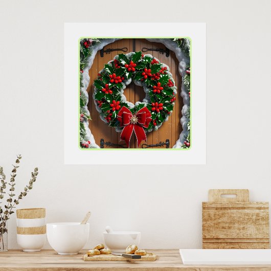 Weihnachtskranz an der Holztür Poster (Küche)