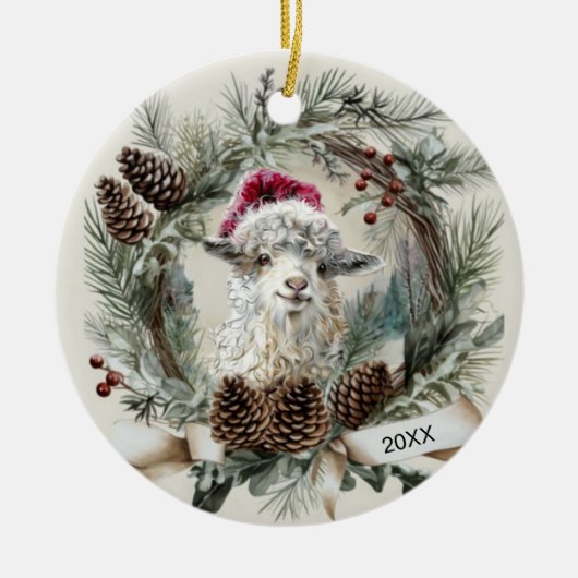 Weihnachtskranz Angoraziege Keramik Ornament (Vorne)
