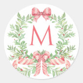 Weihnachtskranz Bonbonrohr Bogen | Monogramm Runder Aufkleber (Vorderseite)