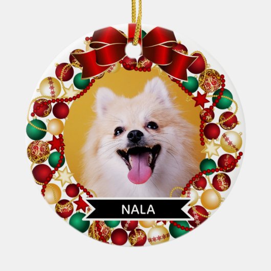 Weihnachtskranz Custom Dog Pet Foto Keramik Ornament (Vorne)