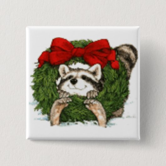 WeihnachtsKranz-Dekoration und Waschbär Button (Vorderseite)