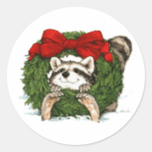 WeihnachtsKranz-Dekoration und Waschbär Runder Aufkleber