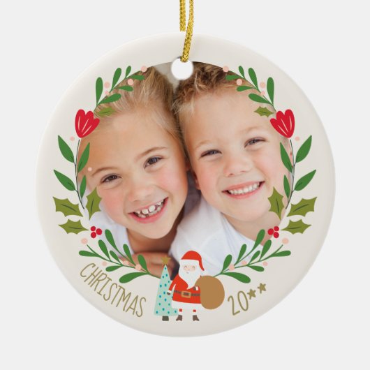 Weihnachtskranz-Foto Keramik Ornament (Vorne)