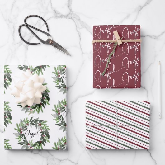 Weihnachtskranz Fröhliche Schrift Rot Grün Feierta Geschenkpapier Set (Vorderseite)