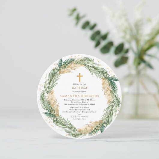 Weihnachtskranz Grüne Goldfolie Taufe Einladung (Stehend Vorderseite)