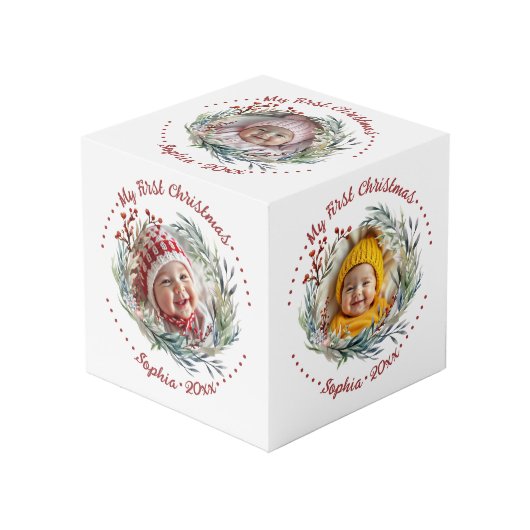 Weihnachtskranz, Grünpflanzen, Beeren-Foto Würfel (Vorderseite Schrägansicht)