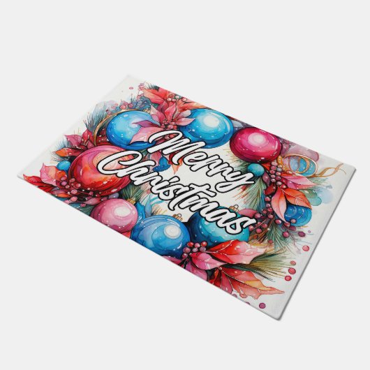 Weihnachtskranz | Happy Holidays Fußmatte (Schrägansicht)