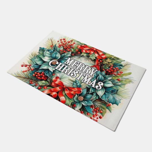 Weihnachtskranz | Happy Holidays Fußmatte (Schrägansicht)