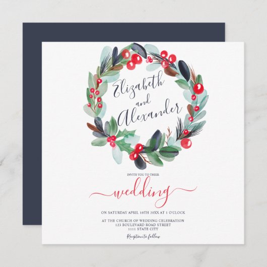 Weihnachtskranz Hochzeit mit Blumenwasser Einladung (Vorne/Hinten)